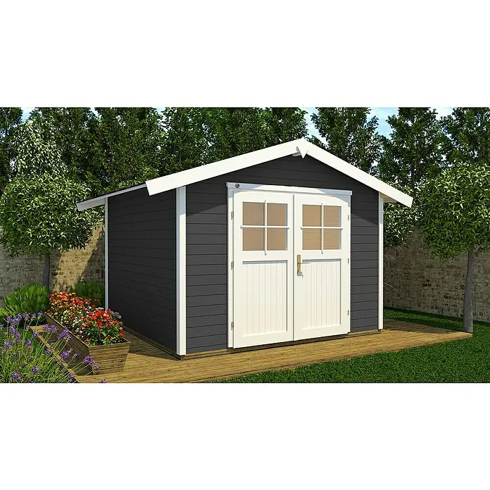 Weka Gartenhaus 122 - Holz, Anthrazit/Weiß, Grundfläche: 5,663 m² - Gartenhaus mit Doppeltür und weißen Akzenten vor Bäumen. Es steht auf einer Holzterrasse und wirkt einladend.