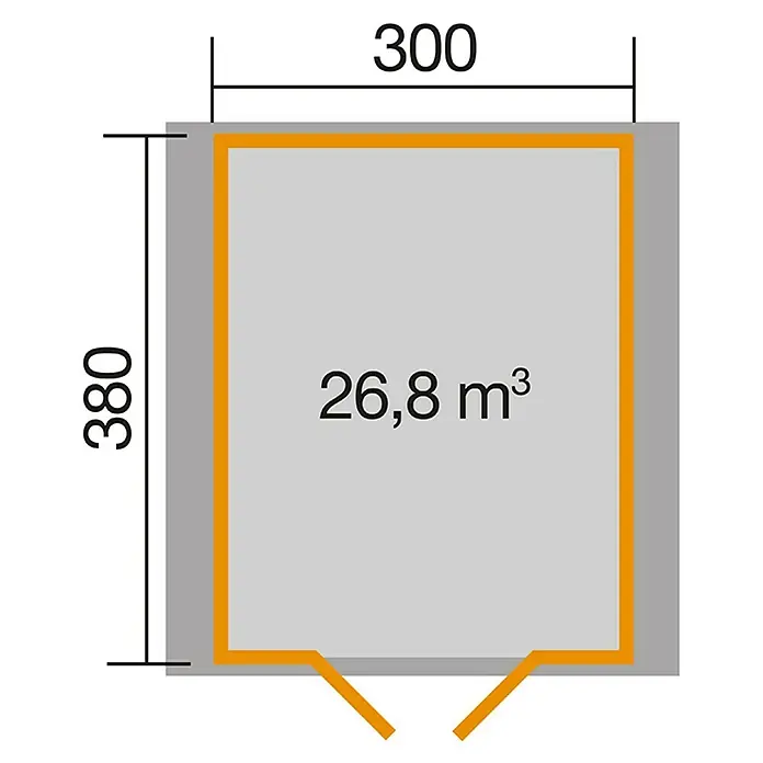 Weka Gartenhaus Premium 28 - Außenmaß inkl. Dachüberstand (B x T): 380 x 414 cm, Holz, Natur - Abbildung eines Grundrisses mit Abmessungen 300 x 380 und einem Volumen von 26,8 m³, die das Produkt präzise darstellen.