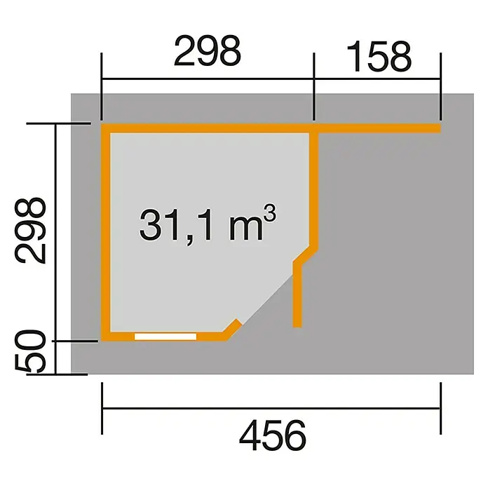 Weka Gartenhaus Designhaus 213 A - Außenmaß inkl. Dachüberstand (B x T): 501 x 338 cm, Holz, Anthrazit/Weiß, 13,589 m² - Grundrisszeichnung eines Raumes mit Größenangaben und Volumen.