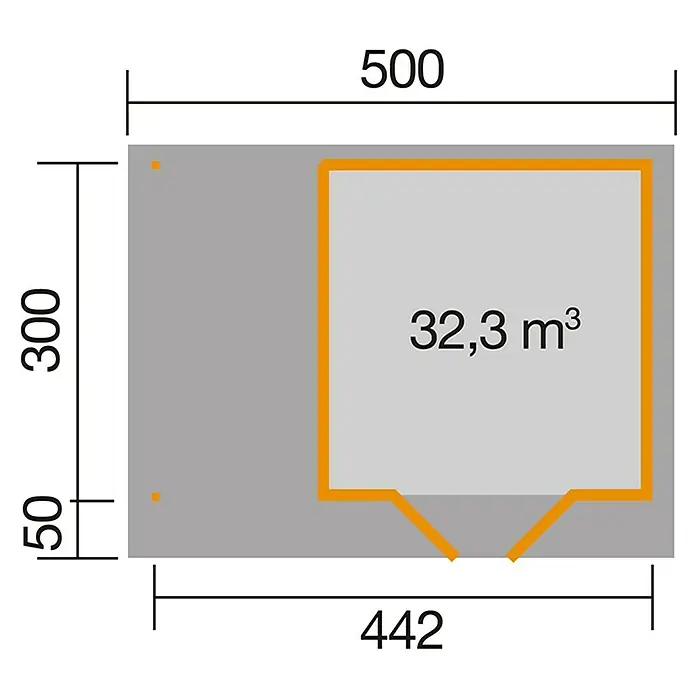 Weka Gartenhaus Designhaus 126 A+ - Außenmaß inkl. Dachüberstand (B x T): 500 x 377 cm, Holz, Grau/Weiß, 13,304 m² - Grundrisszeichnung mit Bemaßungen eines Gartenhauses. Die Abmessungen sind 500 x 442 mit einer Teilfläche von 32,3 m³.