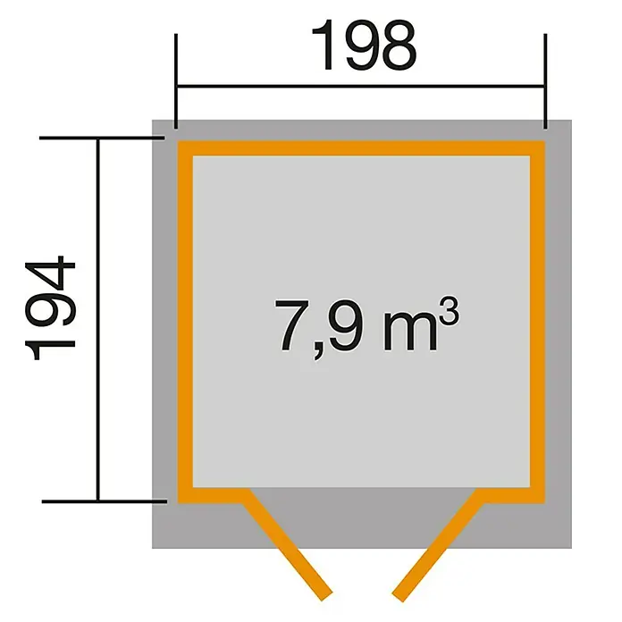 Weka Gerätehaus 325 A - 3,88 m², Wandstärke: 19 mm, Lasiert - Abbildung eines quadratischen Raumes mit den Maßen 194 x 198 cm und einem Volumen von 7,9 m³.