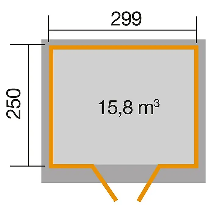 Weka Gerätehaus 325 A - 7,493 m², Wandstärke: 19 mm, Lasiert - Grundrisszeichnung eines Hauses mit den Maßen 250 x 299 cm und einem Volumen von 15,8 m³.