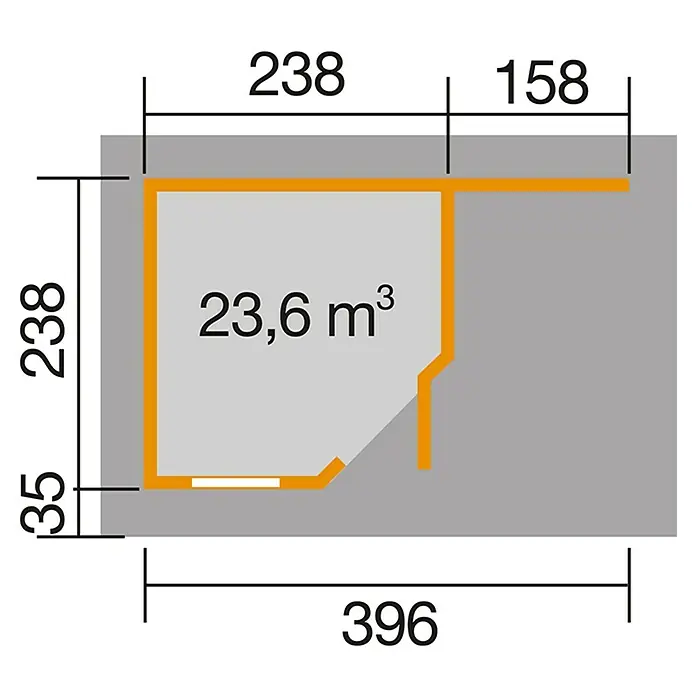 Weka Gartenhaus Designhaus 213 A+ - Außenmaß inkl. Dachüberstand (B x T): 500 x 278 cm, Holz, Grau/Weiß, 9,163 m² - Grundrissdarstellung eines Raumes mit Maßangaben. Raumvolumen beträgt 23,6 m³.
