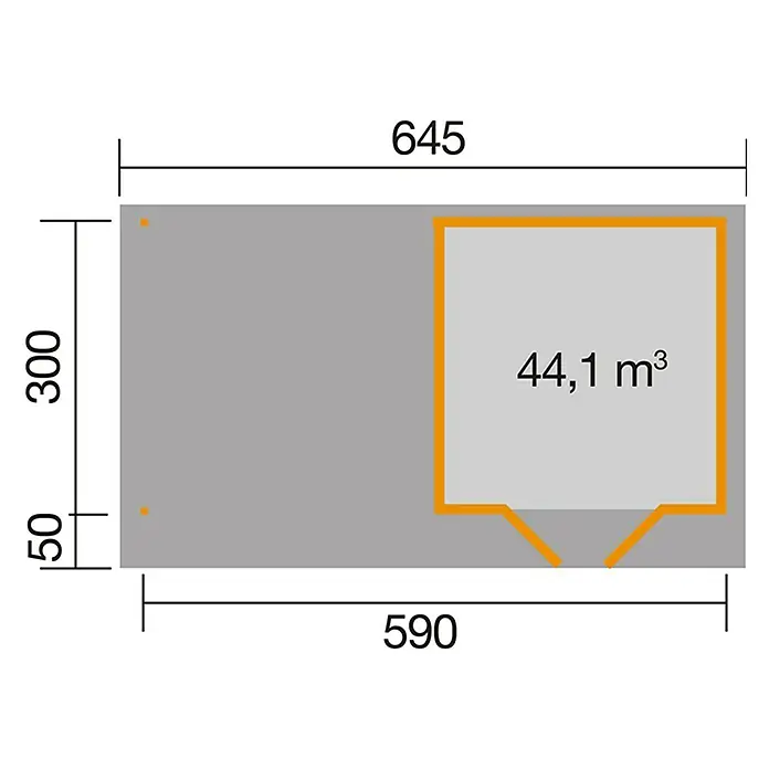 Weka Gartenhaus Designhaus 126 B+ - Außenmaß inkl. Dachüberstand (B x T): 645 x 377 cm, Holz, Grau/Weiß, 17,759 m² - Grundrisszeichnung eines Hauses mit den Maßen 645 x 300 und einem zusätzlichen Raum von 44,1 m³. Die Gesamtbreite beträgt 590 mit einem zusätzlichen Teil von 50.