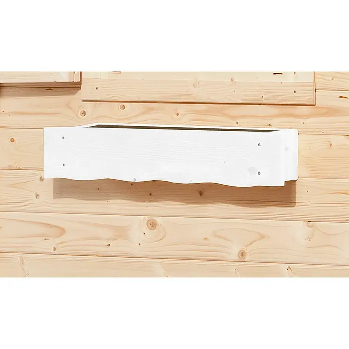 Weka Pflanzkasten - Länge: 60 cm, Weiß - Nahaufnahme einer weissen, rechteckigen Holz-Blumenkasten an einer Holzwand. Das Blumenkasten-Design ist schlicht, aber stilvoll und dekorativ.