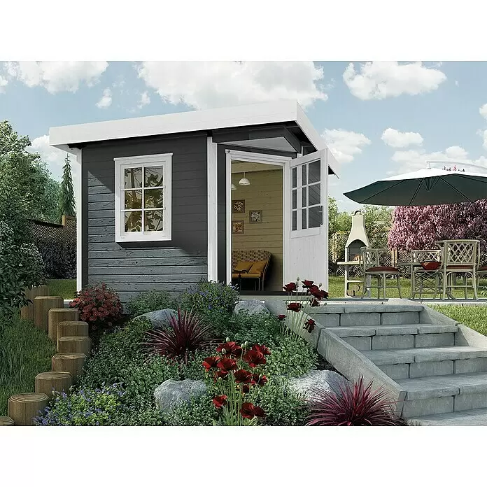 Weka Gartenhaus Designhaus 213+ - Außenmaß inkl. Dachüberstand (B x T): 338 x 338 cm, Holz, Anthrazit/Weiß, 8,88 m² - Stimmungsaufnahme