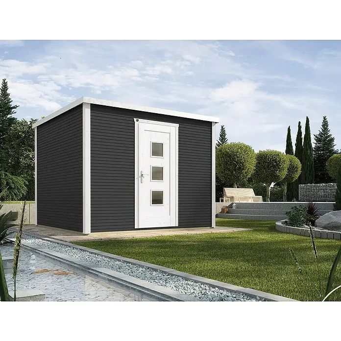 Weka wekaLine Gartenhaus Designhaus 413 - Außenmaß inkl. Dachüberstand (B x T): 310 x 310 cm, Holz, Anthrazit/Weiß, 9 m² - Modernes Gartenhaus in Anthrazit mit weißer Tür und Rahmen. Ideal als stilvoller Stauraum oder als Rückzugsort im Garten.