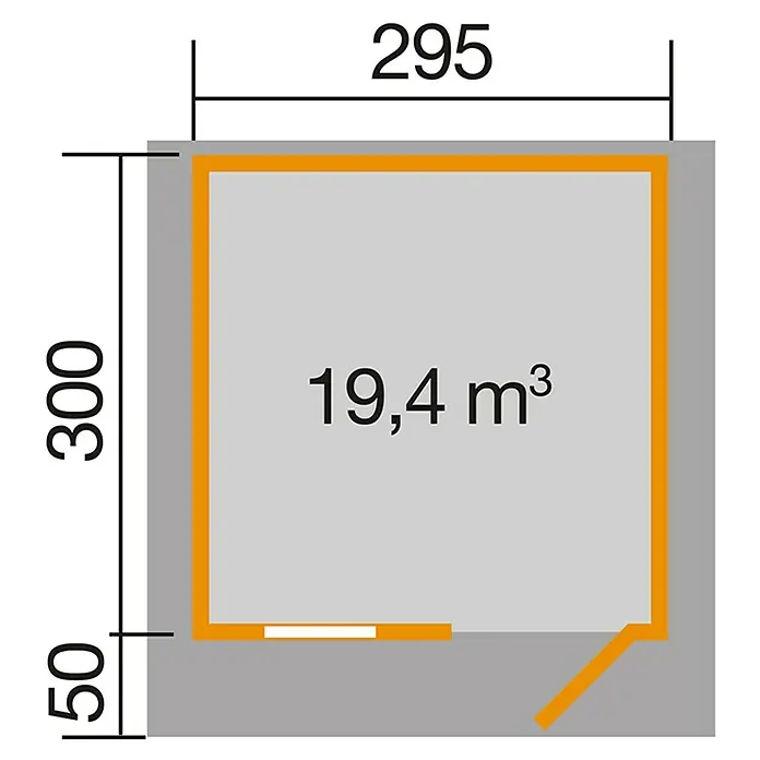Weka Gartenhaus 170 - Außenmaß inkl. Dachüberstand (B x T): 356 x 375 cm, Holz, Natur, 8,85 m² - Bild einer Bauzeichnung mit Maßangaben für ein Gebäude, das eine Fläche von 19,4 m³ hat und dessen Maße 295 x 300 betragen.