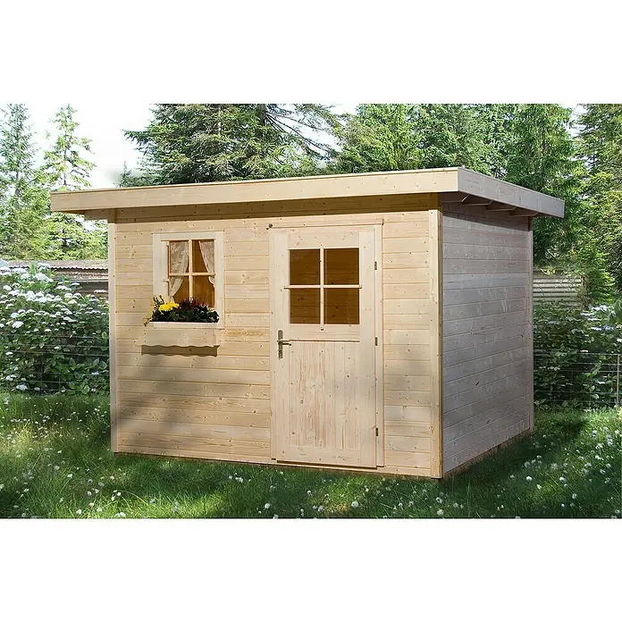 Weka Gartenhaus 170 - Außenmaß inkl. Dachüberstand (B x T): 356 x 375 cm, Holz, Natur, 8,85 m² - Ein helles Holzgartenhaus mit Fenster, Blumenkasten und einer Tür unterstreicht die natürliche Schönheit des Außenbereichs. Das Gartenhaus bietet Stauraum.
