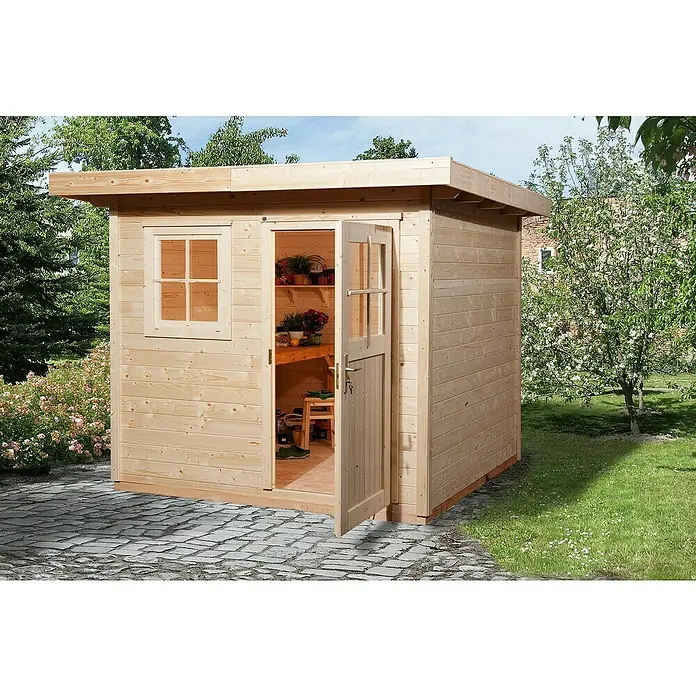 Weka Gartenhaus 170 - Außenmaß inkl. Dachüberstand (B x T): 280 x 311 cm, Holz, Natur, 5,64 m² - Ein geräumiges, unbehandeltes Holzgartenhaus mit Fenster und offener Tür, das viel Stauraum und natürliches Licht bietet.