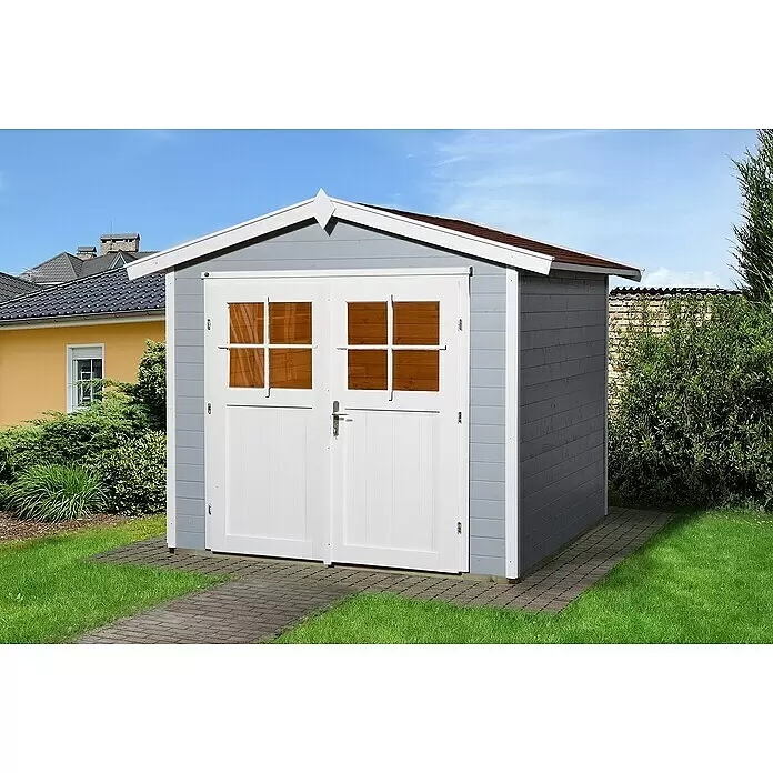 Weka Gartenhaus 224 - Außenmaß inkl. Dachüberstand (B x T): 280 x 253 cm, Holz, Grau/Weiß - Stimmungsaufnahme