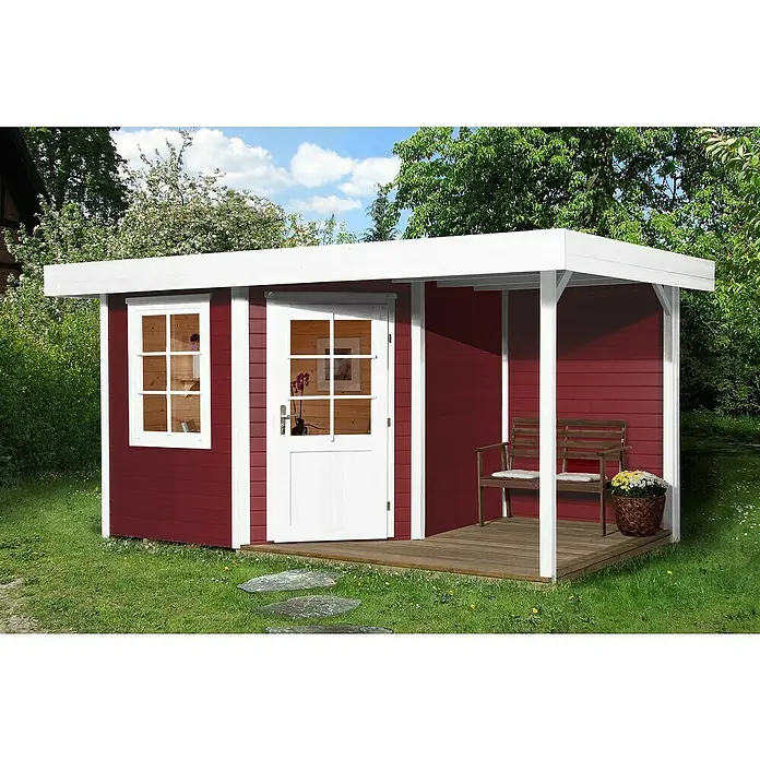 Weka Gartenhaus Designhaus 213 A - Außenmaß inkl. Dachüberstand (B x T): 501 x 338 cm, Holz, Schwedenrot/Weiß, 13,589 m² - Gartenhaus mit Fenster, Tür und überdachter Terrasse mit Sitzbank und Blumenkübel für entspannte Stunden im Grünen.