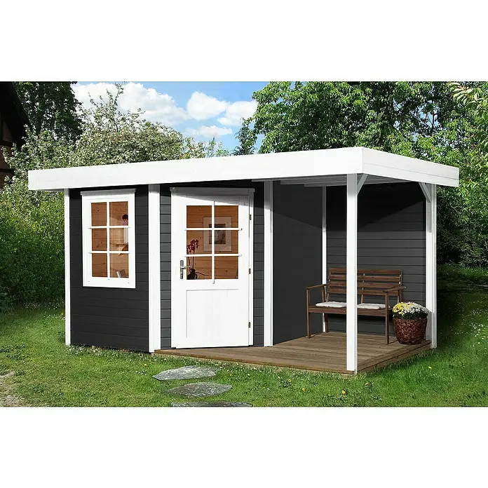 Weka Gartenhaus Designhaus 213 A - Außenmaß inkl. Dachüberstand (B x T): 501 x 338 cm, Holz, Anthrazit/Weiß, 13,589 m² - Ein modernes Gartenhaus in Anthrazit und Weiß mit Fenster, Tür und überdachter Veranda lädt zum Verweilen ein. Ideal für Gartenfreunde!