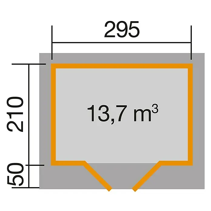 Weka Gartenhaus Designhaus 126 - Außenmaß inkl. Dachüberstand (B x T): 361 x 286 cm, Holz, Schwedenrot/Weiß - Abbildung eines Grundrisses mit Maßangaben, der die Abmessungen und das Volumen eines Raumes von 13,7 m³ zeigt.