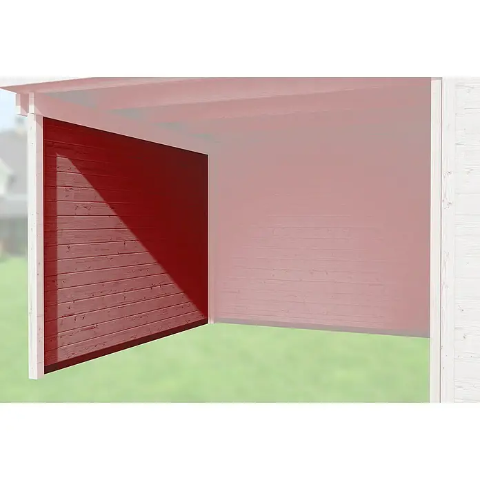 Weka Seitenwand - Schwedenrot, Breite: 235 cm, Passend für: Weka Gartenhäuser Designhaus 126 & 172 mit Anbautiefe 235 cm - Nahaufnahme einer rot gestrichenen Holzwand in einem Unterstand, die die Textur und Farbe des Holzes hervorhebt.