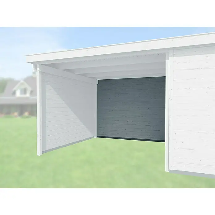 Weka Rückwand für Anbau 300 cm - Grau, Passend für: Weka Gartenhäuser Designhaus 126 B & 172 B - Ein weißer, offener Unterstand mit grauem Holzpanel, ideal für zusätzlichen Stauraum oder als Carport, bietet Schutz und Funktionalität.