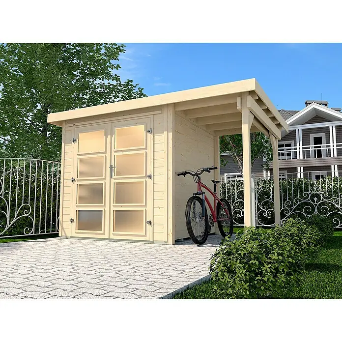 Weka Gartenhaus 321 + Anbau 115 cmAußenmaß inkl. Dachüberstand (B x T): 438 x 293 cm, Holz, Natur - Abbildung eines Holzgartenhauses mit Doppeltüren und einem angebauten Unterstand für Fahrräder, ideal für die Gartenaufbewahrung.