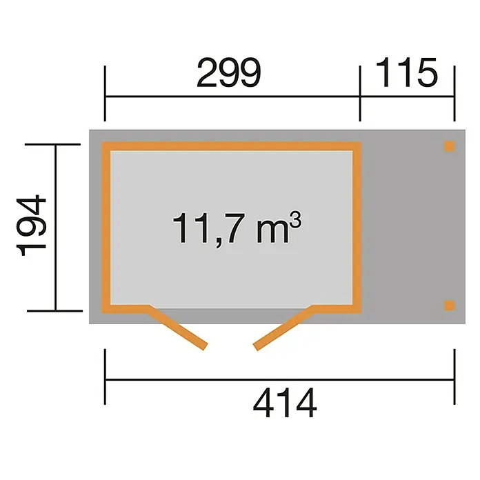 Weka Gartenhaus 321 + Anbau 115 cm - Außenmaß inkl. Dachüberstand (B x T): 438 x 237 cm, Holz, Natur - Grundrisszeichnung eines Gerätehauses mit den Maßen 414 x 194 x 115 x 299 und einem Volumen von 11,7 m³.