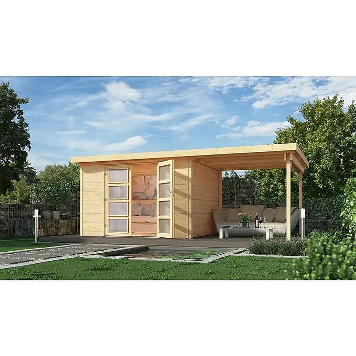 Weka Gartenhaus 321 + Anbau 230 cm - Außenmaß inkl. Dachüberstand (B x T): 508 x 237 cm, Holz, Natur - Ein modernes Gartenhaus mit überdachter Terrasse, ideal zum Entspannen und Genießen im Freien. Die perfekte Ergänzung für jeden Garten.