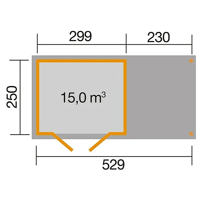 Weka Gartenhaus 321 + Anbau 230 cm - Außenmaß inkl. Dachüberstand (B x T): 553 x 293 cm, Holz, Natur - Grundrisszeichnung eines rechteckigen Gartenhauses mit den Maßen 299 x 250 cm und einem zusätzlichen Anbau von 230 cm Länge.