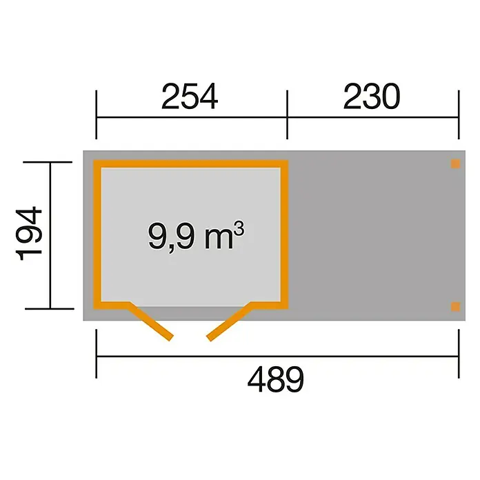 Weka Gartenhaus 321 + Anbau 230 cm - Außenmaß inkl. Dachüberstand (B x T): 508 x 237 cm, Holz, Natur - Grundriss eines Hauses mit den Maßen 489 x 194 und einem Raum von 9,9 m³, inklusive 254 und 230.
