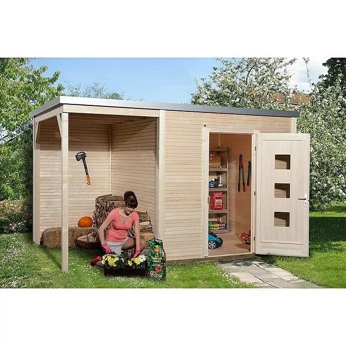 Weka wekaLine Gartenhaus Designhaus 413 + Anbau 150 cm - Außenmaß inkl. Dachüberstand (B x T): 460 x 310 cm, Holz, Natur - Anwendungsbeispiel