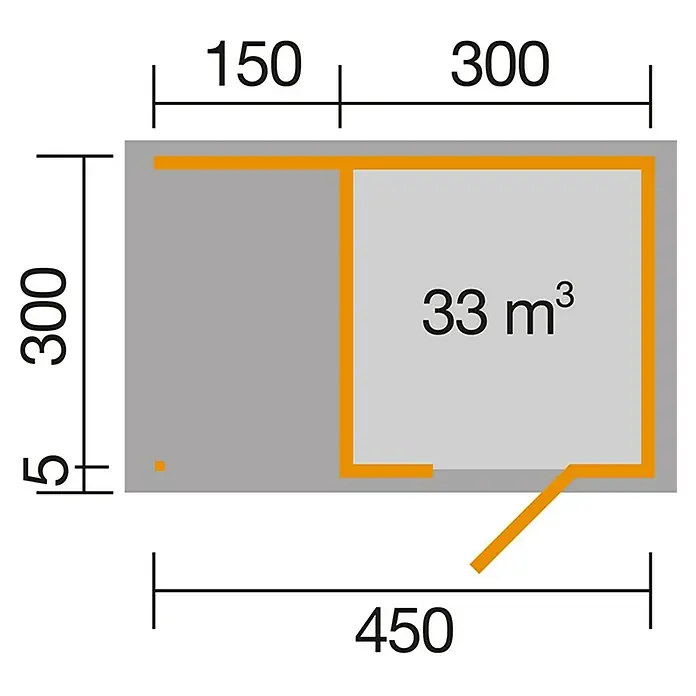 Weka wekaLine Gartenhaus Designhaus 413 + Anbau 150 cm - Außenmaß inkl. Dachüberstand (B x T): 460 x 310 cm, Holz, Natur - Grundrisszeichnung eines Gebäudes mit einer Gesamtfläche von 450 x 300 mm und einem Raumvolumen von 33 m³.