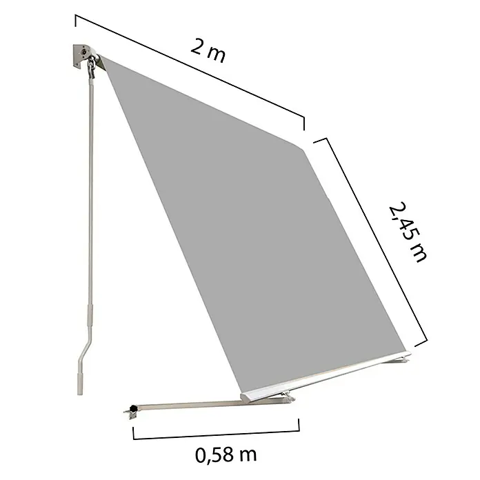 SmartSun Toldo para balcón Urban - Gris, Ancho: 2 m, Caída: 2,45 m - Imagen de un toldo con dimensiones de 2 m de ancho, 2,45 m de proyección y una altura de 0,58 m.