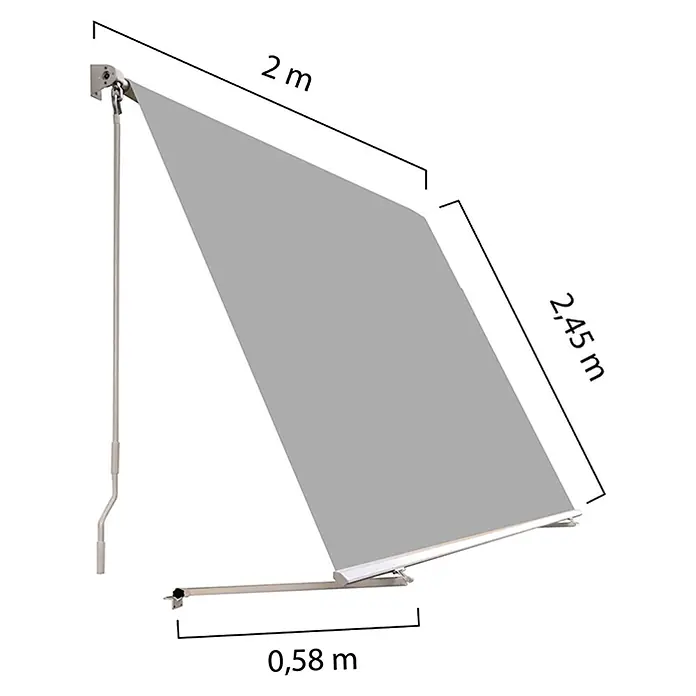 SmartSun Toldo para balcón Urban - Gris, Ancho: 2 m, Caída: 2,45 m - Imagen de un toldo con dimensiones de 2 m de ancho, 2,45 m de proyección y una altura de 0,58 m.