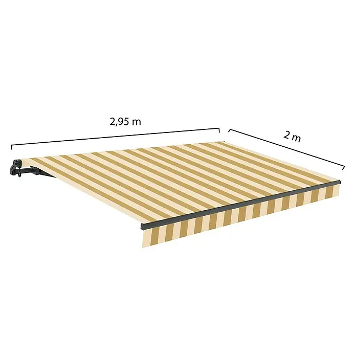 SmartSun Toldo de brazos extensibles Noir Limited Edition Kit Chic - Crema/beige, Ancho: 3 m, Caída: 2 m - Toldo con rayas beige y blancas, con indicaciones de tamaño. El toldo proporciona sombra y es un punto de atracción para exteriores.