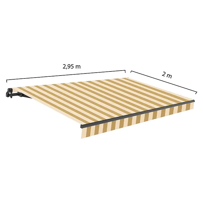 SmartSun Toldo de brazos extensibles Noir Limited Edition Kit Chic - Crema/beige, Ancho: 3 m, Caída: 2 m - Toldo con rayas beige y blancas, con indicaciones de tamaño. El toldo proporciona sombra y es un punto de atracción para exteriores.