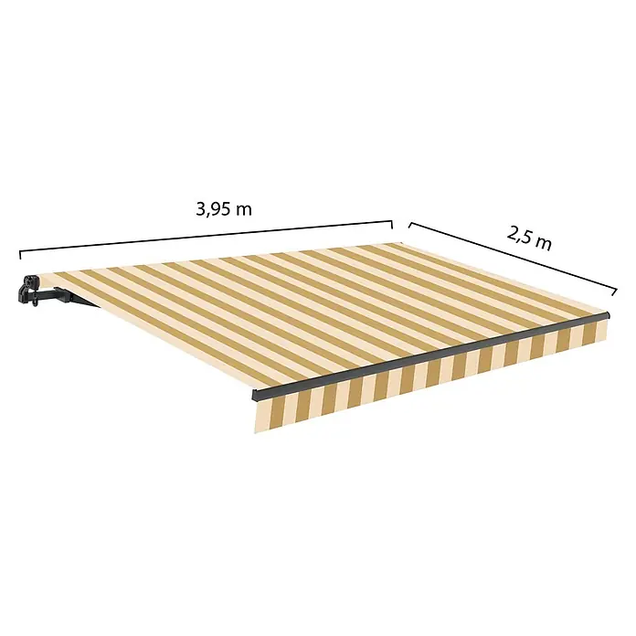 SmartSun Toldo de brazos extensibles Noir Limited Edition Kit Chic - Crema/beige, Ancho: 4 m, Caída: 2,5 m - Imagen de un toldo con rayas beige y marrones e información sobre el tamaño.