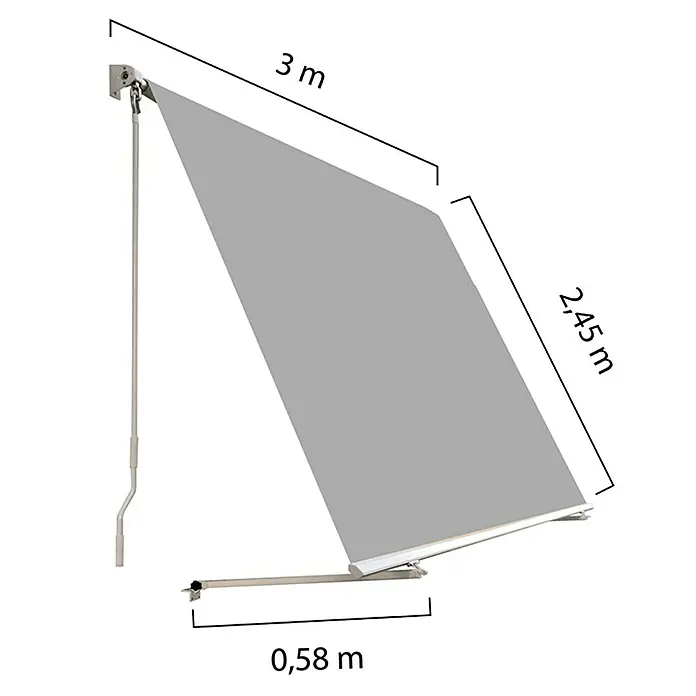 SmartSun Toldo para balcón Urban - Gris, Ancho: 3 m, Caída: 2,45 m - Imagen de un toldo con dimensiones. El toldo es gris y tiene una longitud de 3 m, una anchura de 2,45 m y una proyección de 0,58 m.