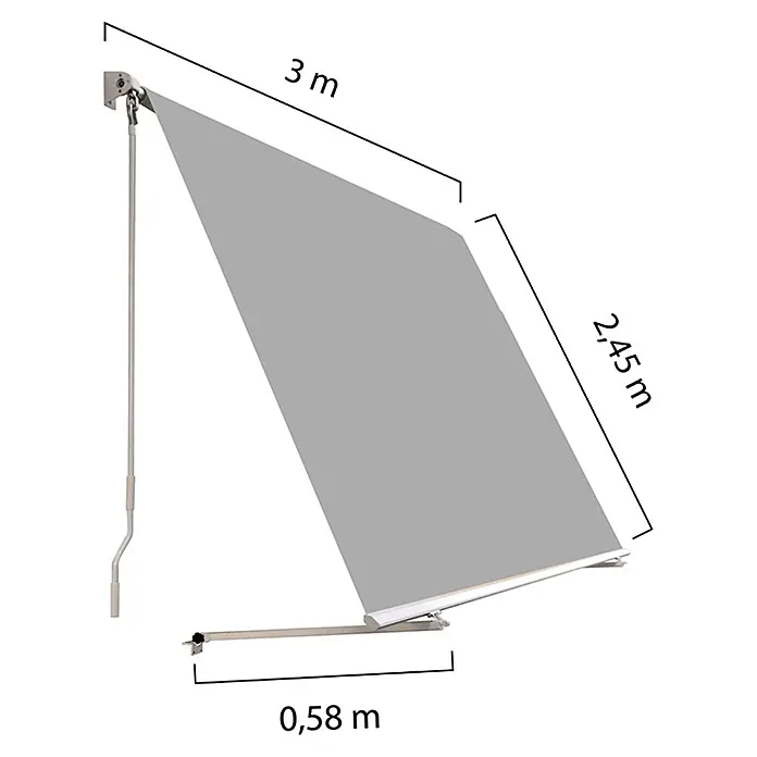 SmartSun Toldo para balcón Urban - Gris, Ancho: 3 m, Caída: 2,45 m - Imagen de un toldo con dimensiones. El toldo es gris y tiene una longitud de 3 m, una anchura de 2,45 m y una proyección de 0,58 m.