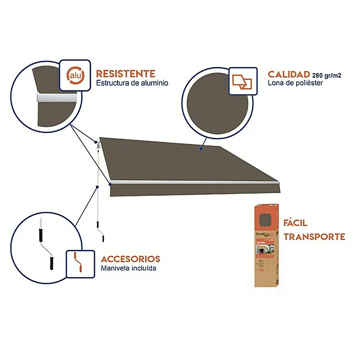 SmartSun Toldo de brazos extensibles Original Kit Poliéster - Topo, Ancho: 3 m, Caída: 2 m - Imagen de un toldo, detallando su material, accesorios y fácil transporte para un manejo y comodidad sencillos.