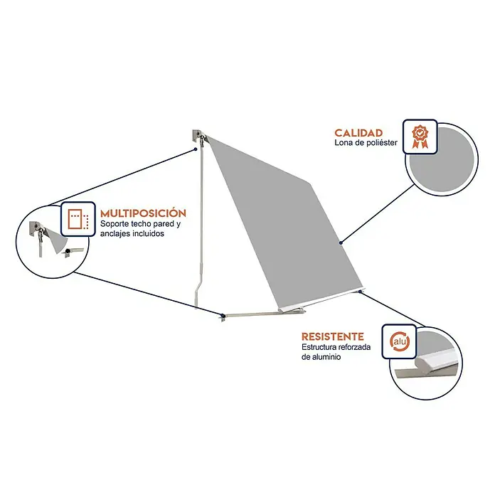 SmartSun Toldo para balcón Urban - Gris, Ancho: 2 m, Caída: 2,45 m - Imagen del producto de un parasol con detalles sobre multiposicionamiento, calidad (lona de poliéster) y estructura de aluminio reforzada para alta resistencia.