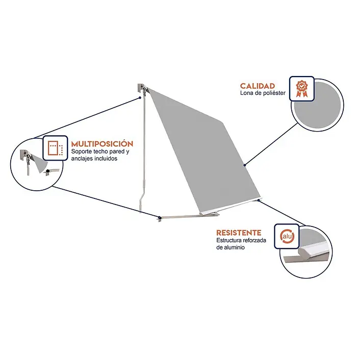 SmartSun Toldo para balcón Urban - Gris, Ancho: 3 m, Caída: 2,45 m - Imagen del producto de un parasol con detalles sobre multiposicionamiento, calidad (lona de poliéster) y estructura de aluminio reforzada para alta resistencia.
