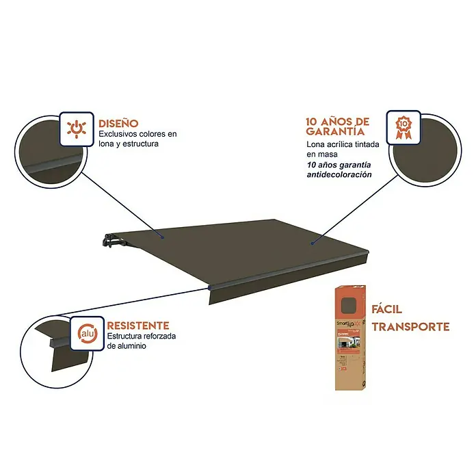 SmartSun Toldo de brazos extensibles Original Kit Acrílico - Topo, Ancho: 3 m, Caída: 2 m - Imagen de un elegante toldo antracita Smart&Sun, con colores exclusivos y estructura de aluminio reforzada, respaldado por una garantía de 10 años.