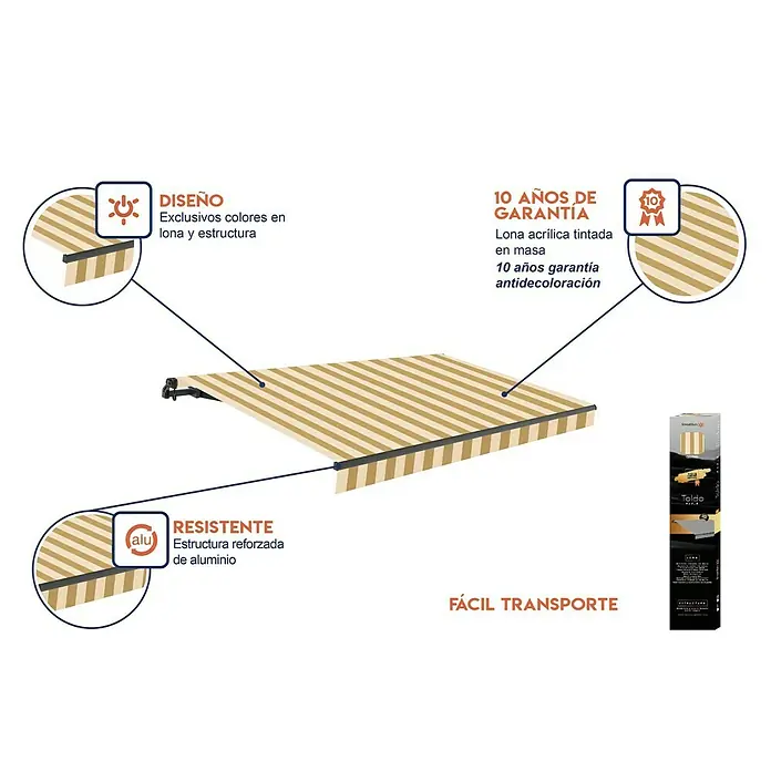 SmartSun Toldo de brazos extensibles Noir Limited Edition Kit Chic - Crema/beige, Ancho: 4 m, Caída: 2,5 m - Imagen del producto de un toldo a rayas, destacando su diseño, resistencia y garantía de 10 años.