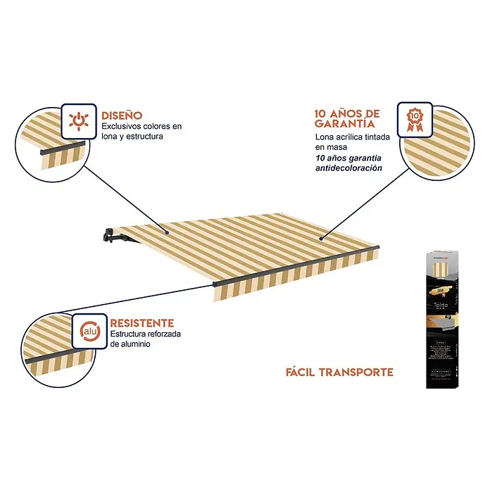 SmartSun Toldo de brazos extensibles Noir Limited Edition Kit Chic - Crema/beige, Ancho: 4 m, Caída: 2,5 m - Imagen del producto de un toldo a rayas, destacando su diseño, resistencia y garantía de 10 años.