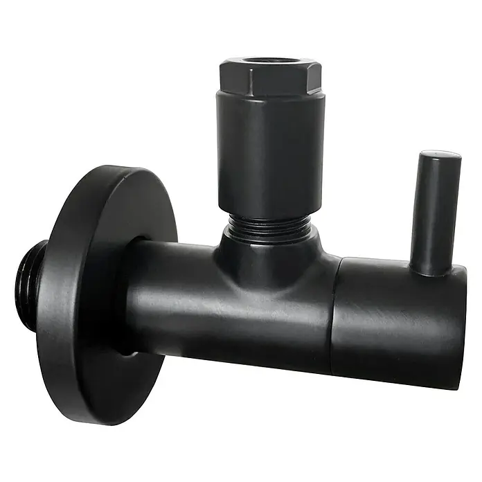 Bäderwelt Eckventil Kos - ½″, Durchmesser: 10 mm, Schwarz - Schwarzes Eckventil mit massivem Messingkörper. Das Eckventil ist mit einem Gewinde versehen und verfügt über einen Hebelgriff zur Steuerung des Wasserflusses.