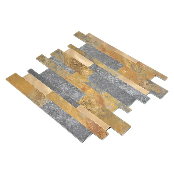 Selbstklebemosaik SAM 4GV38MSG - 30 x 30 cm, Gold/Bronze, Matt - Ein rechteckiges Muster aus Mosaikfliesen in Grau- und Goldtönen. Ein modernes und stilvolles Produkt für die Inneneinrichtung.