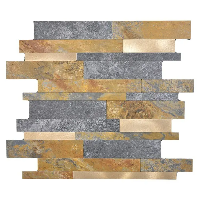 Selbstklebemosaik SAM 4GV38MSG - 30 x 30 cm, Gold/Bronze, Matt - Ein Mosaik aus verschiedenen Materialien, darunter Stein, Gold und Metall, für eine luxuriöse Wandgestaltung.