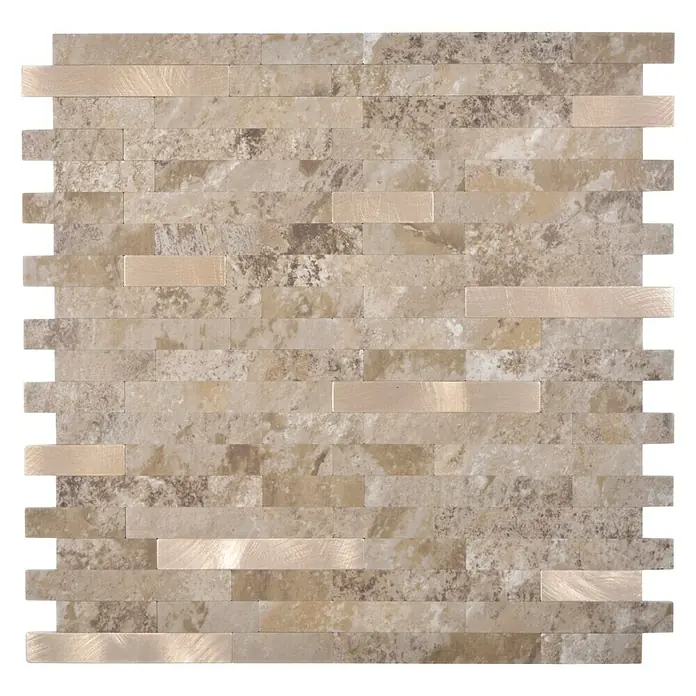 Selbstklebemosaik SAM 4IL26LBG - 30 x 29 cm, Braun, Matt - Nahaufnahme eines Mosaiks aus Travertin und Metall, das eine rustikale und moderne Ästhetik für Wände oder Böden bietet.