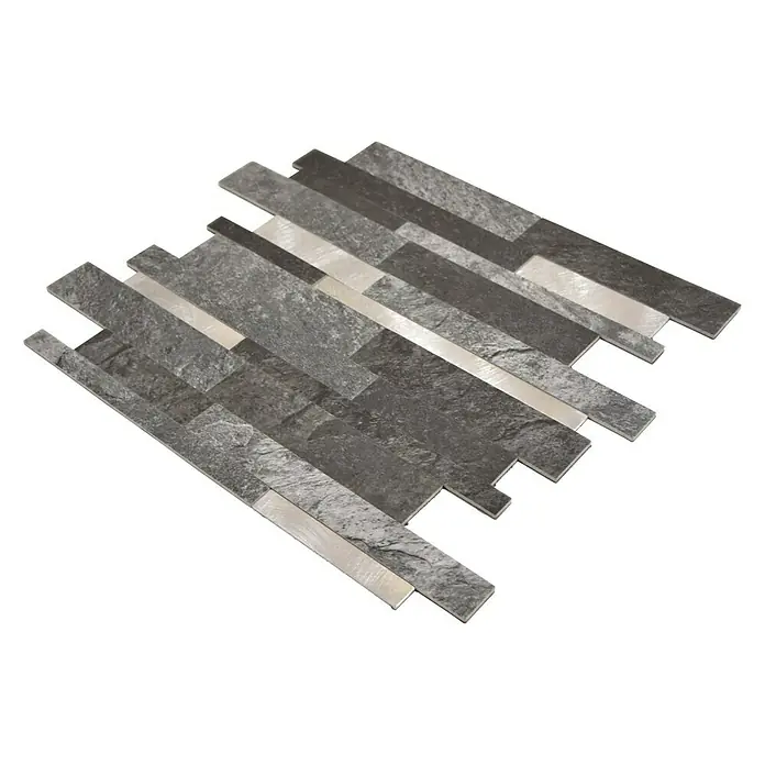 Selbstklebemosaik SAM 4GV32BS - 30 x 30 cm, Schwarz/Silber, Matt - Ein auffälliges Mosaik aus grauem Schiefer und schimmernden Akzenten. Perfekt, um jedem Raum einen Hauch von moderner Eleganz zu verleihen.