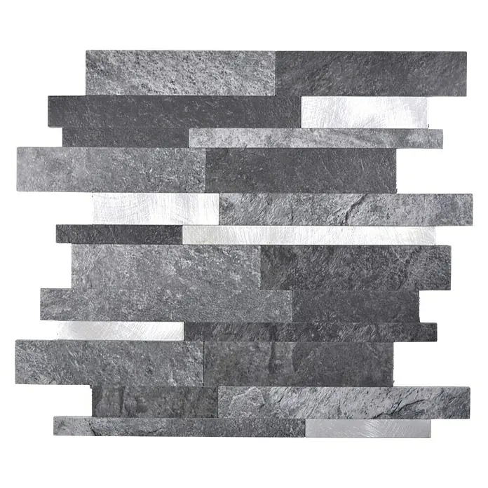 Selbstklebemosaik SAM 4GV32BS - 30 x 30 cm, Schwarz/Silber, Matt - Nahaufnahme eines dekorativen Wandpaneels mit grauen Steinstreifen und silbrigen Akzenten.