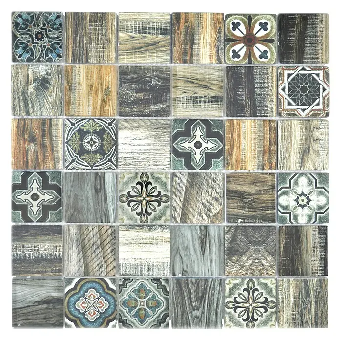 Mosaikfliese Quadrat Crystal XCM WOOD 500 - 30 x 30 cm, Grün/Braun, Glänzend - Quadratische Mosaikfliese mit Holz- und Ornamentmuster für Wand- und Bodengestaltung, die rustikalen Charme und dekorative Elemente vereint.