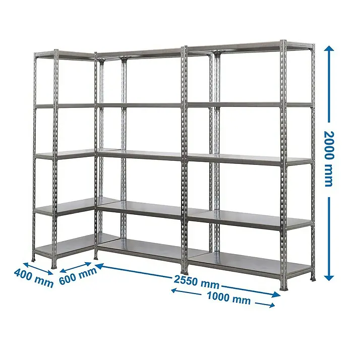 Simonrack Simonclick Estantería para cargas pesadas Plus - Al x An x Pr: 200 x 300 x 40 cm, Galvanizado - Imagen de un sistema de estanterías metálicas modulares con múltiples niveles, acompañado de medidas precisas de altura, profundidad y anchura.