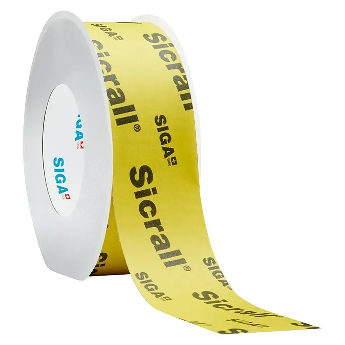 Siga Klebeband Sicrall 60 - 40 m x 60 mm, Spezialpapier verstärkt - Rolle SIGA Sicrall, ein gelbes Dichtungsband mit schwarzer Aufschrift, ideal für luftdichte Gebäudehüllen.