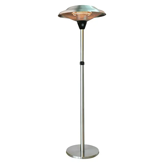 Halogen-Heizstrahler - Höhe: 225 cm, 2.100 W - Nahaufnahme eines silbernen Terrassenheizers.